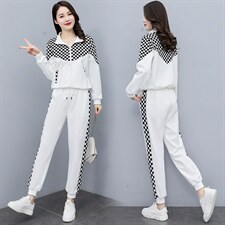 运动套装女2022新款洋气网红炸街休闲时尚棋盘格加绒卫衣两件套，女装套装/套裙，曼娅璐