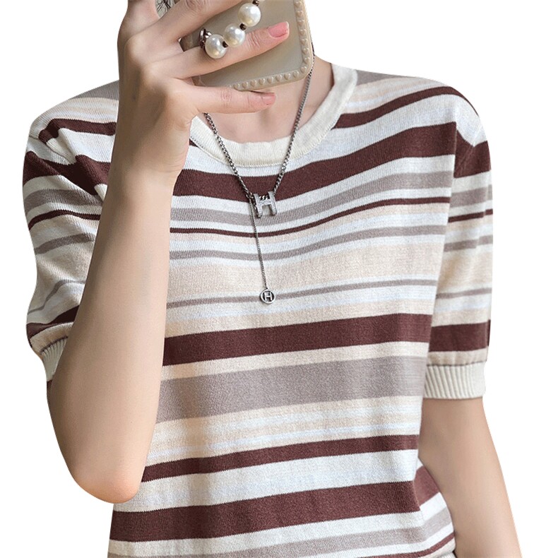 薄款100%纯棉针织短袖T恤女圆领条纹拼色宽松休闲棉麻内搭打底衫,女装T恤,琳尚羊绒