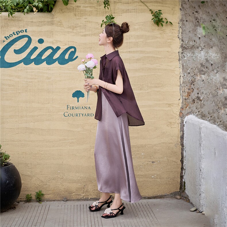 现货可推可退现2025夏季新款天丝轻薄防晒短袖衬衫提花吊带连衣裙，女装套装/套裙，苗苗