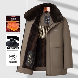 脱卸大毛领加绒加厚中老年棉服大衣男士休闲中年棉衣外套大衣图片