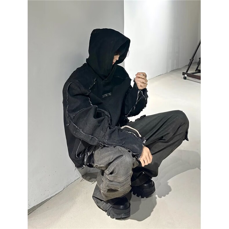黑色设计感小众卫衣男秋冬潮牌连帽时尚炸街外套WJK33-P66,女装短外套,星座208-5