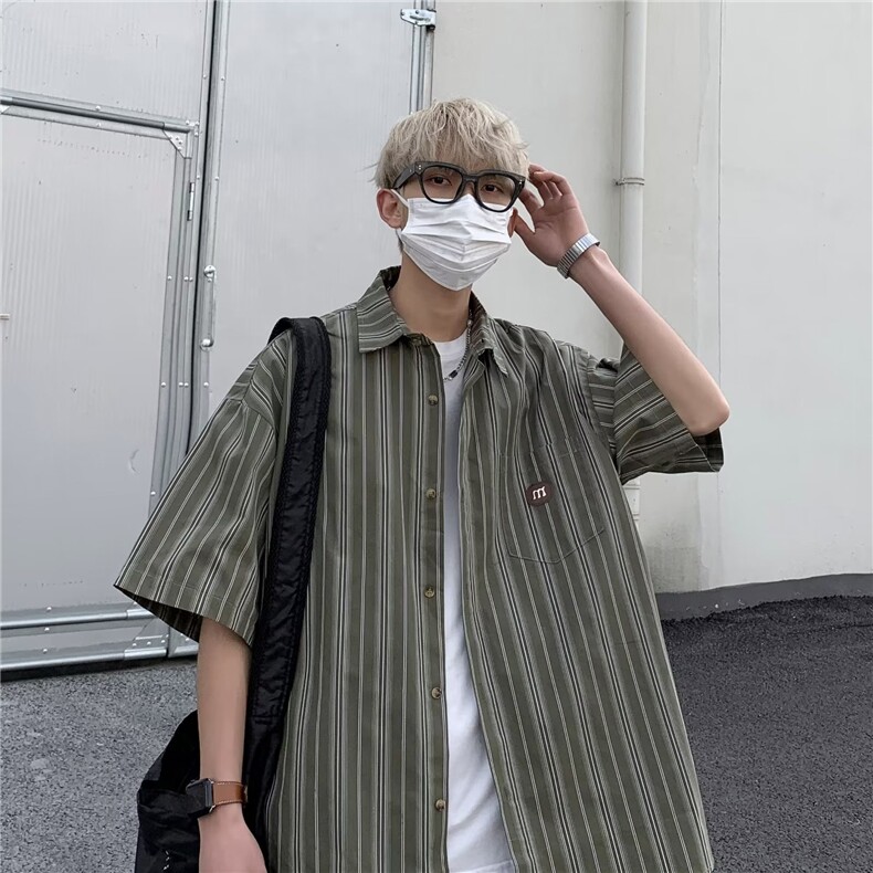 男装日系复古条纹短袖衬衫男夏季宽松半袖休闲情侣衬衣CS003-P29,男装衬衫,星座308B-1