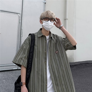 男装日系复古条纹短袖衬衫男夏季宽松半袖休闲情侣衬衣CS003-P29图片