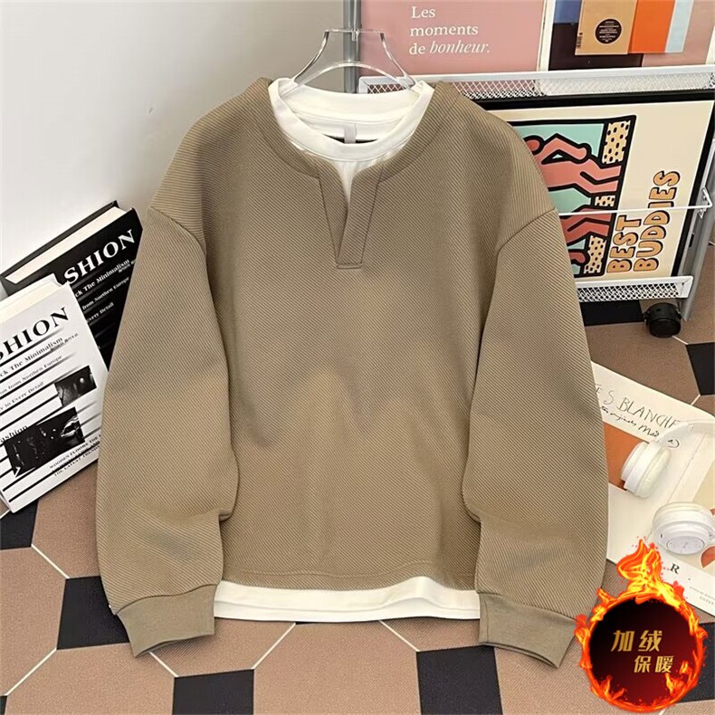 加绒加厚冬款男假两件V领卫衣保暖休闲打底外套WY188P45,男装卫衣,星座1013-1
