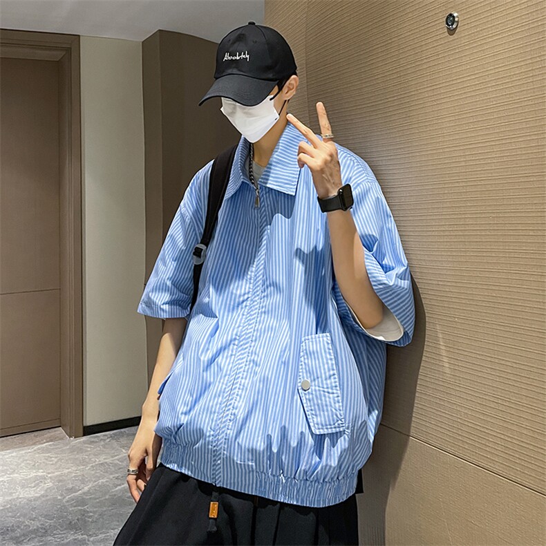 禁欲系古巴领衬衫男复古休闲宽松垂感长袖肌理感坑条衬衣,男装衬衫,星座716-3