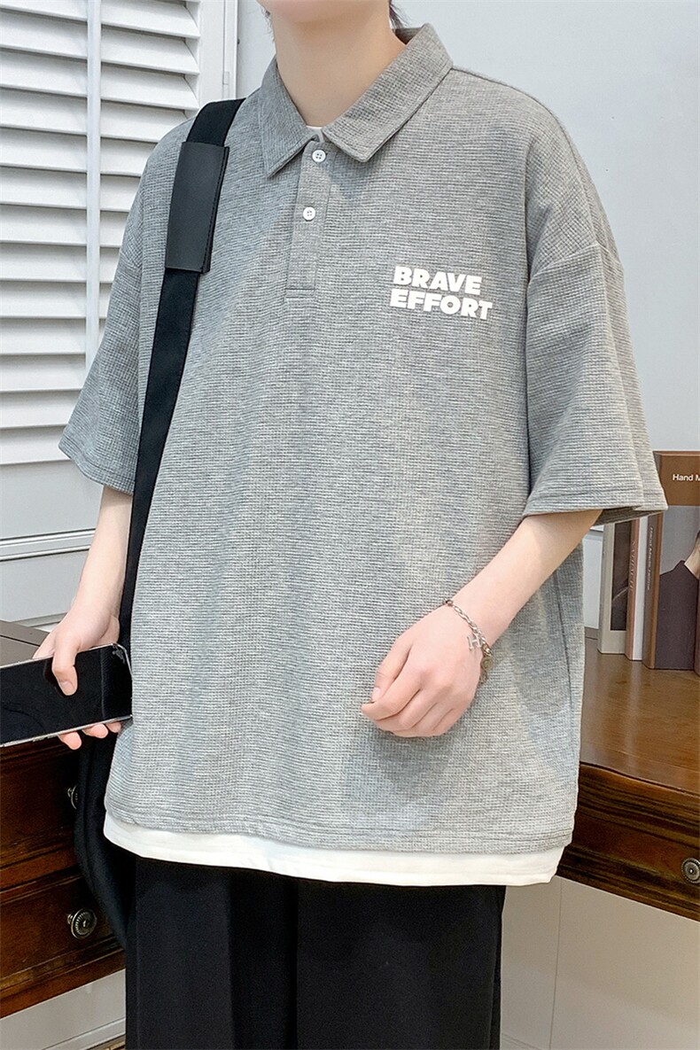 夏季青少年假两件印花半袖百搭港风翻领T恤短袖1500-P45控价68,男装T恤,电商A441-1