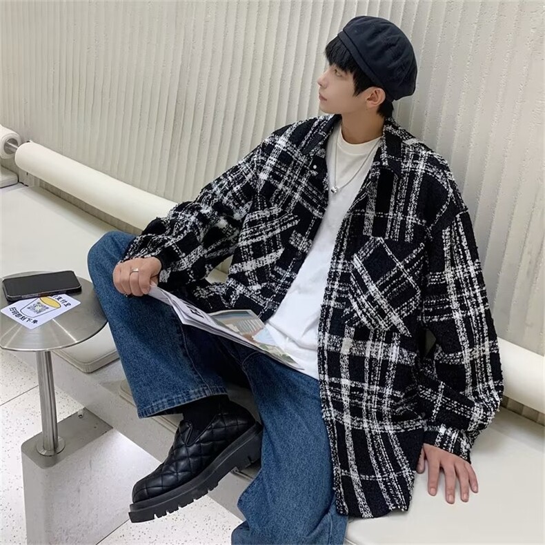 2025秋新款黑白格小香风外套男小众设计毛呢情侣夹克JK237,男装夹克,星座1108