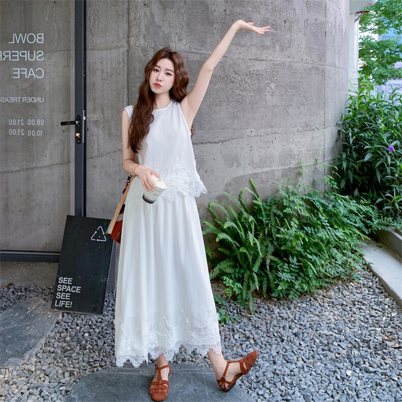黄色蕾丝拼接背心套装裙女2025年夏季日系文艺风百搭半身裙两件套,女装套装/套裙,浙宝210（原浙宝191）