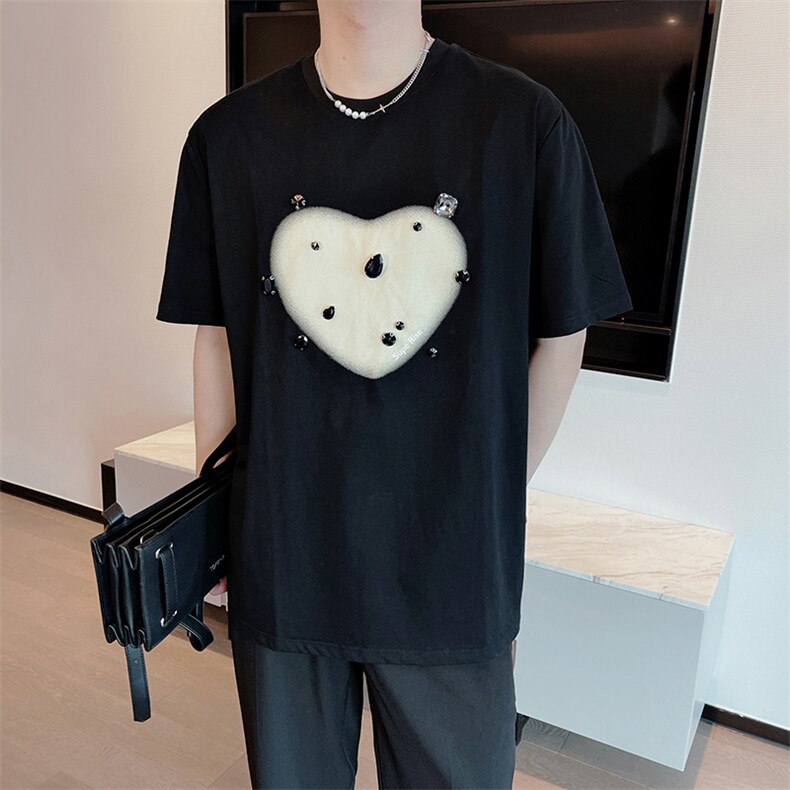 夏季网红超火高级感小众爱心印花镶钻短袖T恤男女款体恤TX117-P38图片