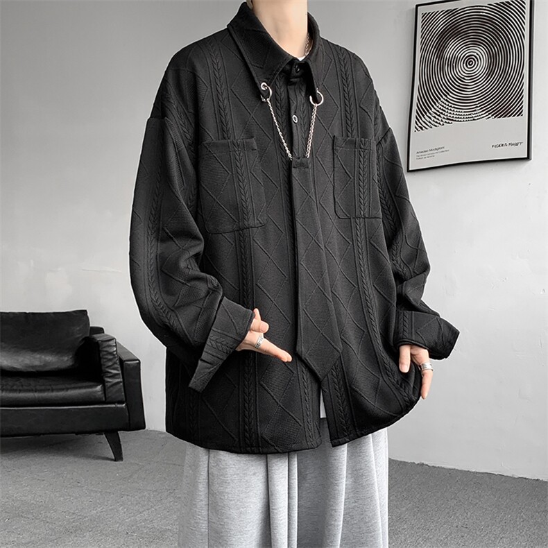 现货CS1117-特P42小众肌理感设计感大码衬衫男（含领带可拆卸）,男装衬衫,电商A059