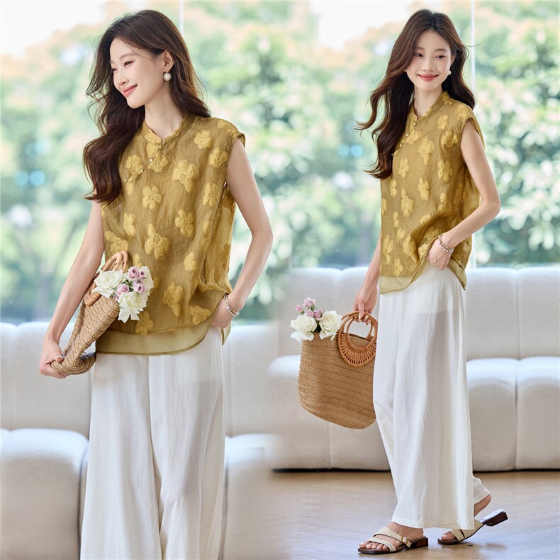 2026夏季新款新中式复古高端气质斜襟盘扣无袖上衣阔腿裤两件套女，女装套装/套裙，简韵佳