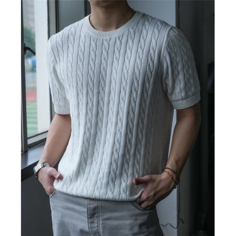 韩同款夏季男士时尚绞花纹日常圆领纯色短袖领针织衫毛衣，男装针织衫/毛衣，星座506A