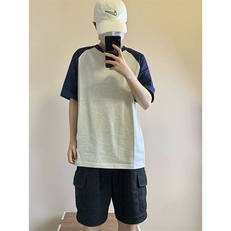 抖音得物高品质二开240克宽松纯棉美式潮牌插肩袖拼接短袖T恤,男装T恤,电商A486-1