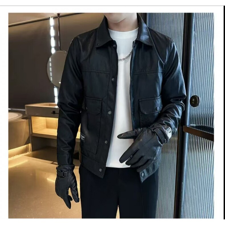 网图2025年新款软皮衣男士机车夹克修身百搭上衣翻领PY2522-P140,男装夹克,电商C216