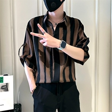 条纹衬衫男士短袖夏季冰丝男装痞帅V领七分中袖衬衣CA6725，男装T恤，星座1116A（原606A-3）