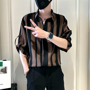 条纹衬衫男士短袖夏季冰丝男装痞帅V领七分中袖衬衣 CA6725图片