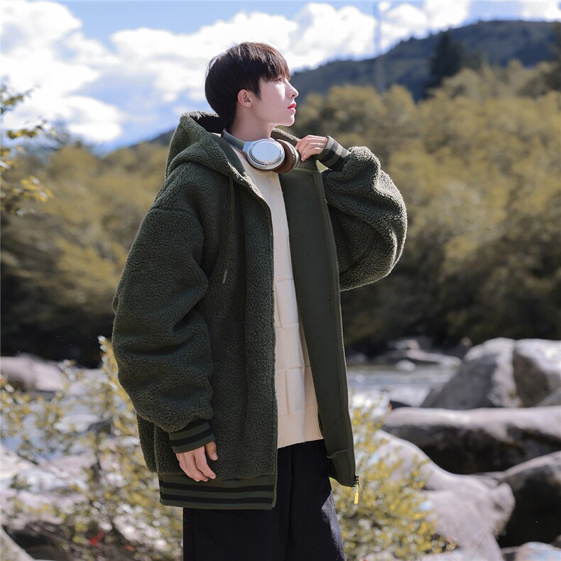 2025冬季休闲纯色羊羔毛开衫连帽外套棉服M2068特P50,男装棉衣,电商A148