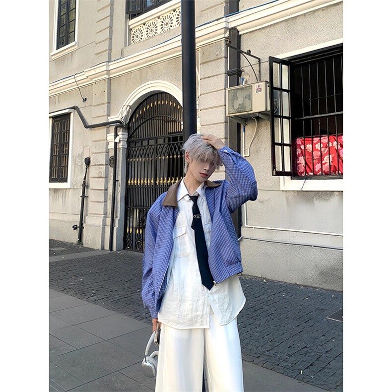 美式复古格子长袖夹克高级感格纹翻领拼接撞色外套JK90特P63,男装夹克,星座908-1