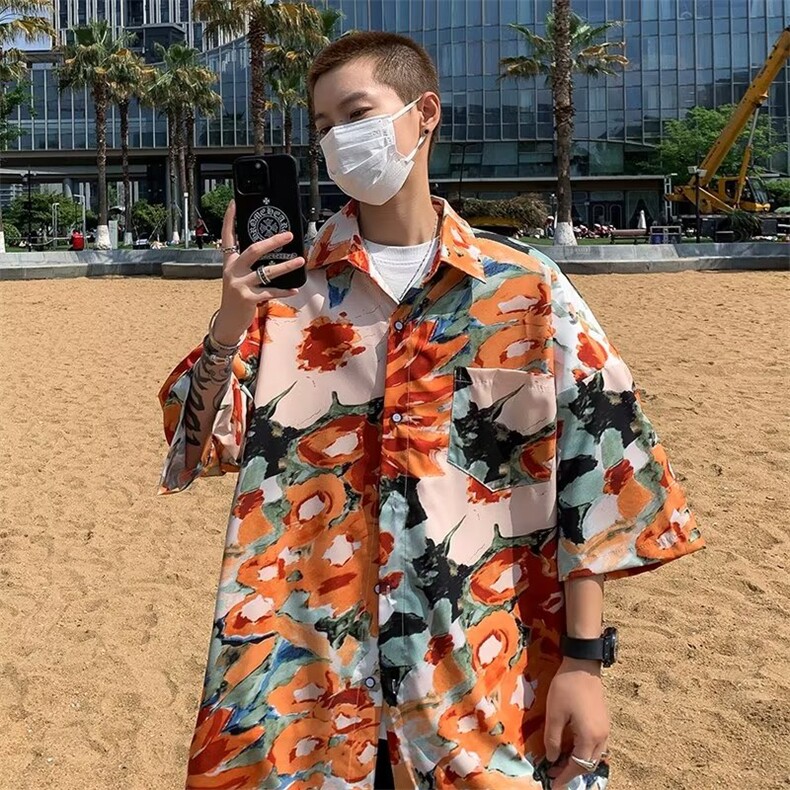 花衬衫男士夏季短袖宽松沙滩薄款衬衣港风复古休闲潮流外套~S2210,男装衬衫,星座601-2