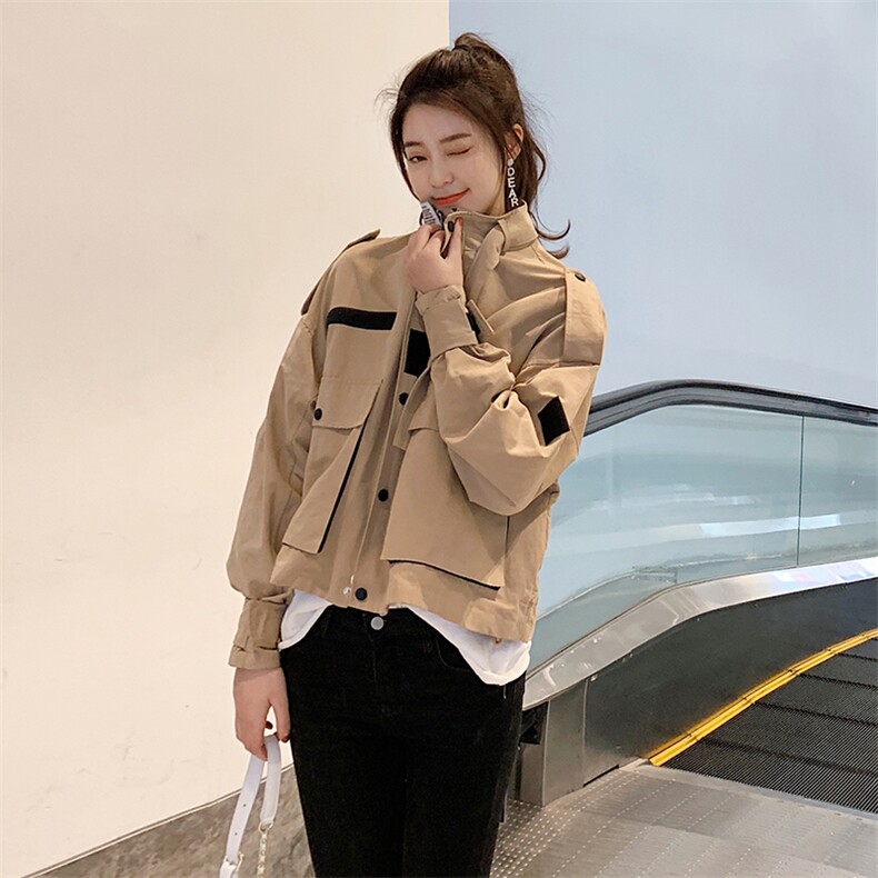 今年流行工装风衣外套女秋季新款宽松显瘦短款韩版棒球服夹克上衣,女装风衣,拾菱