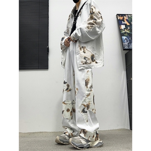 美式潮牌拼接牛仔套装春秋季新款小众设计宽松时尚两件套图片