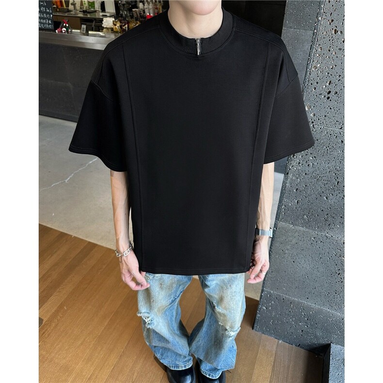 GC0210-P35夏季新款短袖设计感小众白色半拉链圆领T恤休闲五分袖,男装T恤,电商C233
