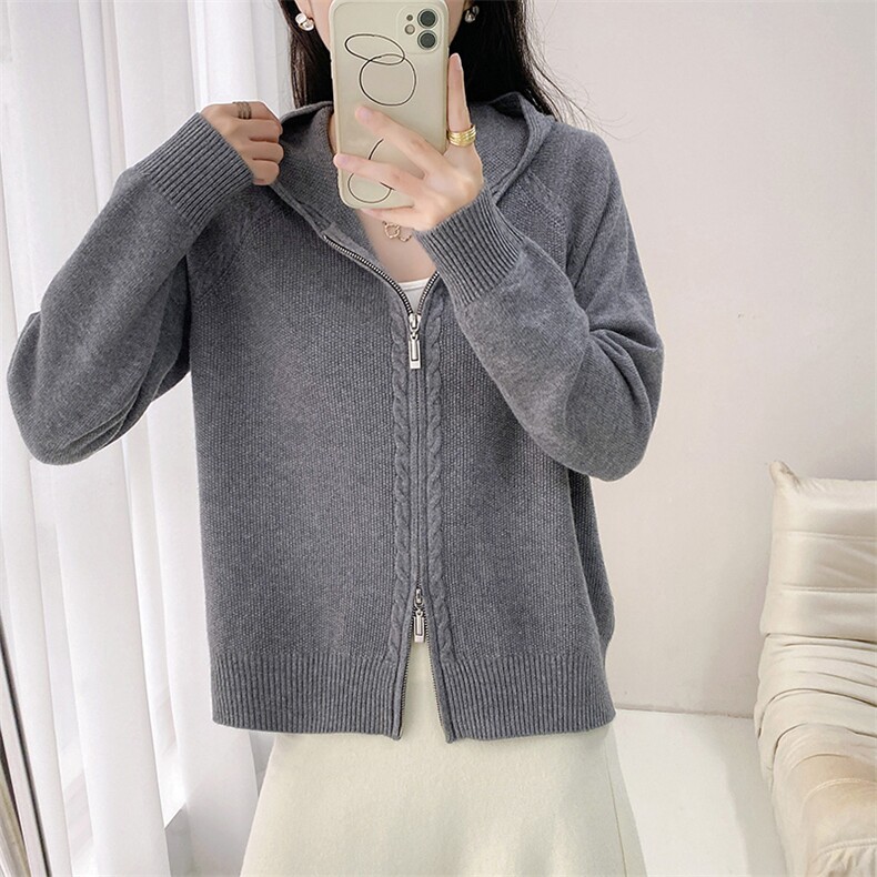 秋冬季羊毛拉链绞花简约时髦连帽开衫外套，女装羊毛衫，米莲尼羊绒