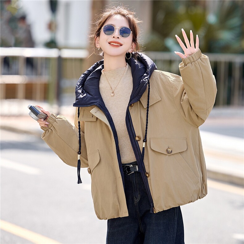 90白鸭绒宽松大版休闲拼接工装派克假两件连帽羽绒服,女装羽绒服,采品优优