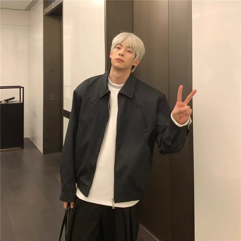 高级感白色休闲短款夹克外套男春秋小众双头拉链设计感垫肩上衣潮图片