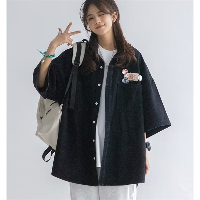 文艺新款气质潮流五分袖流行方领ins简约百搭原宿日系衬衫女慵懒,男装T恤,星座1210-1
