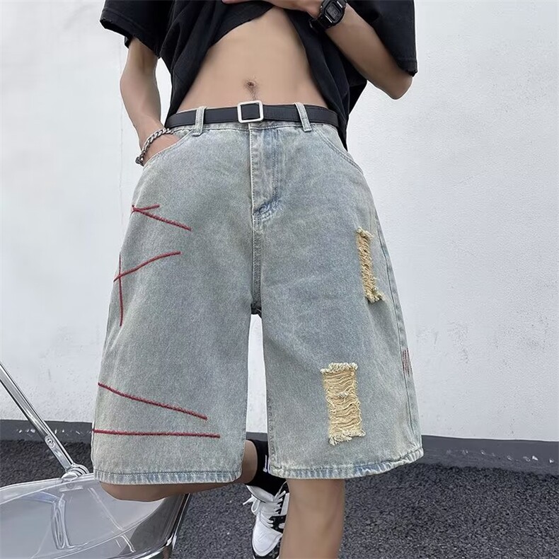 夏季破洞牛仔短裤复古美式高街潮牌绣线五分中裤K760-P38图片