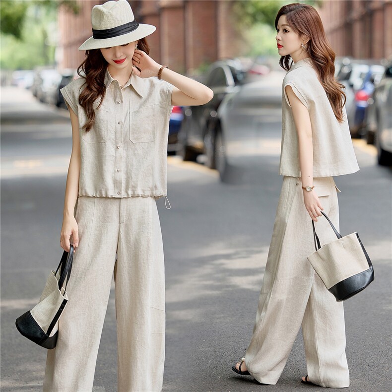 2026夏季新款天丝亚麻无袖衬衫两件套休闲透气贵气时尚直筒裤套装，女装衬衫，梦懿尔