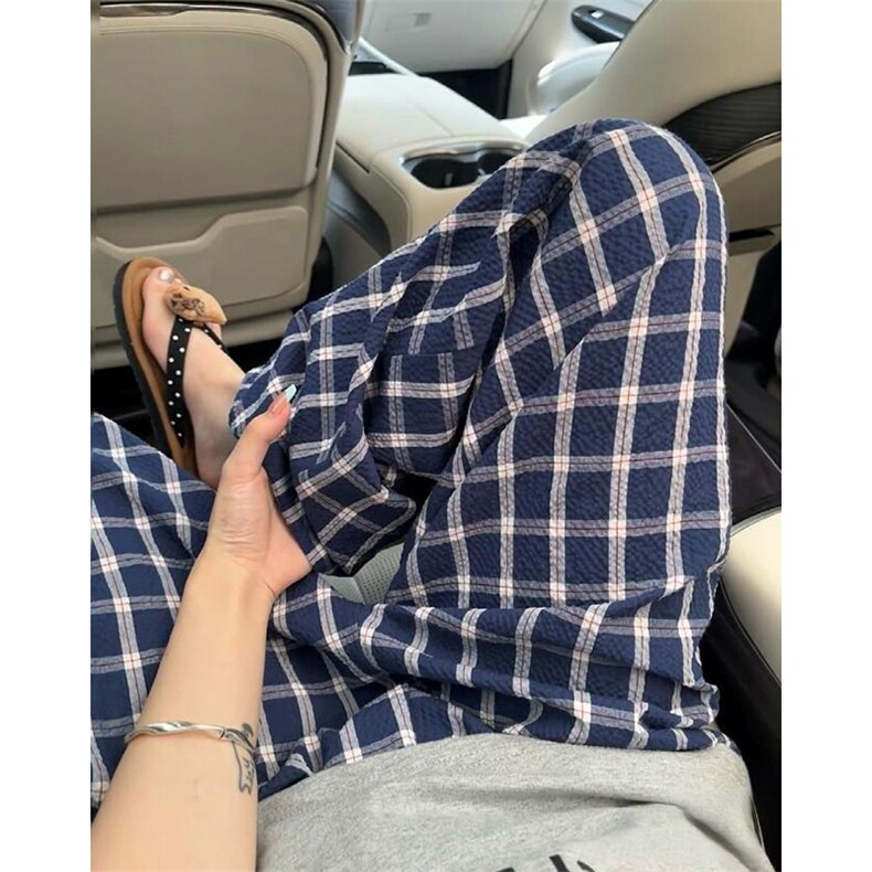 美式高街潮牌男女泡泡格子休闲裤直筒宽松慵懒显瘦阔腿休闲长裤子图片