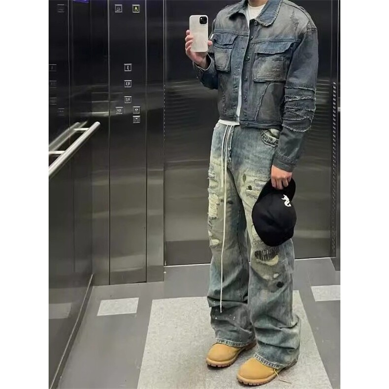 美式机车痞帅风重工水洗牛仔裤贴布泼墨高级感NZ711特P63,男装牛仔裤,星座908-1