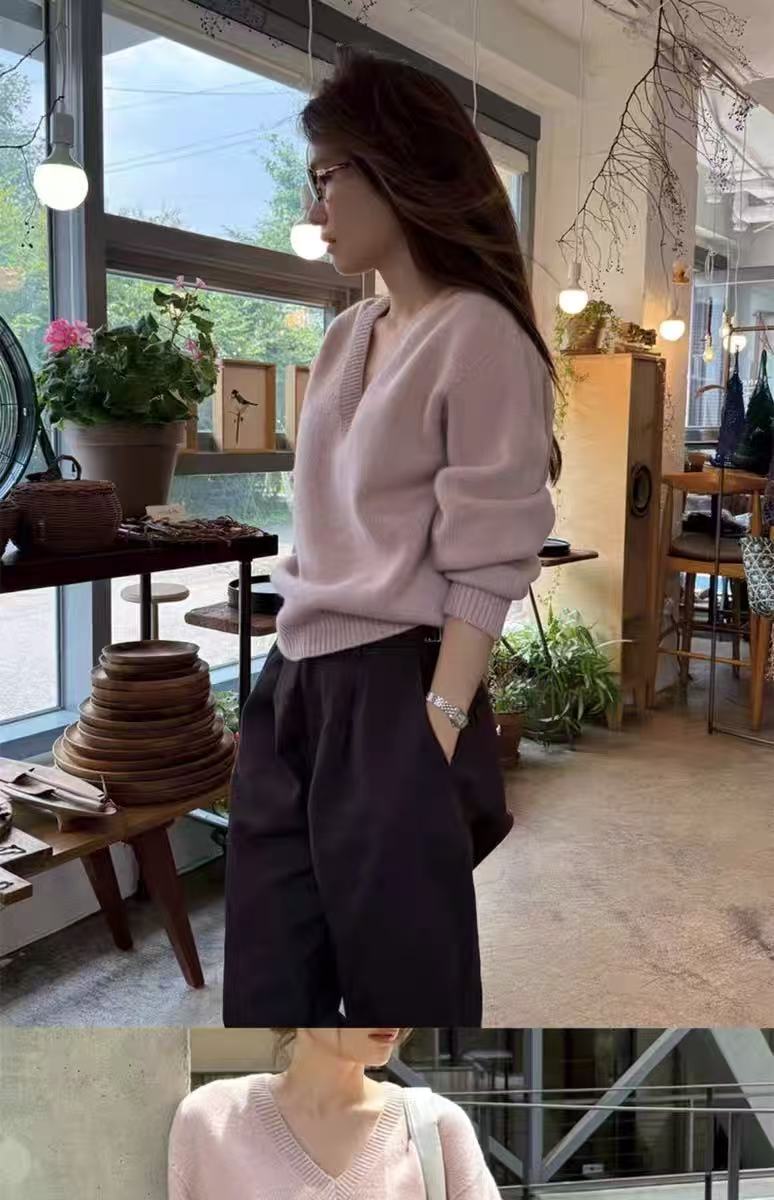 女士2025年秋季长袖V领,针织衫/毛衣,百纯羊绒