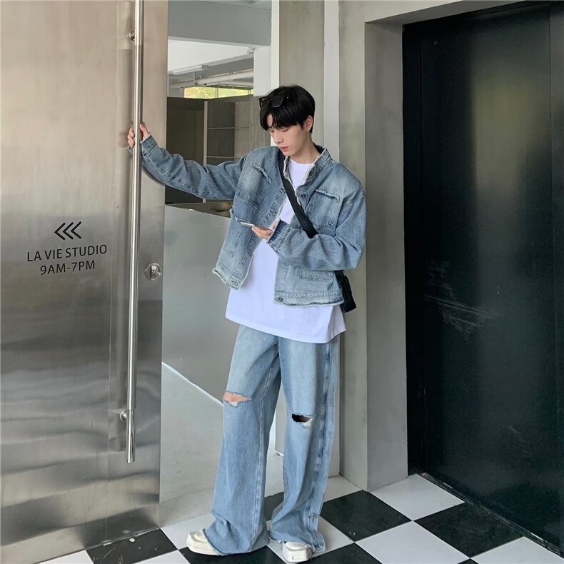 毛边立领水洗做旧渐变牛仔外套男款秋季潮牌休闲宽松百搭情侣夹克,男装工装外套,星座1210-1