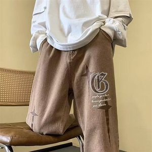 美式复古刺绣牛仔裤男款春秋季2025新款潮牌宽松直筒水洗裤子高街图片