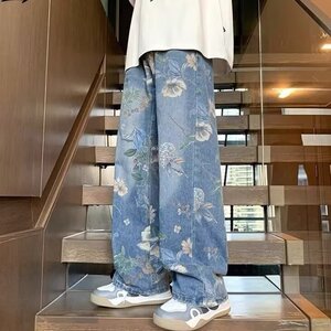1506-1/KA0151/P46复古印花阔腿牛仔裤冬新款设计直筒拖地裤男女图片