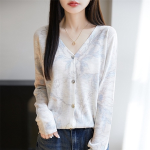 n s 竹节麻印花长袖针织开衫女防晒衣2025新款空调衫外搭披肩上衣图片