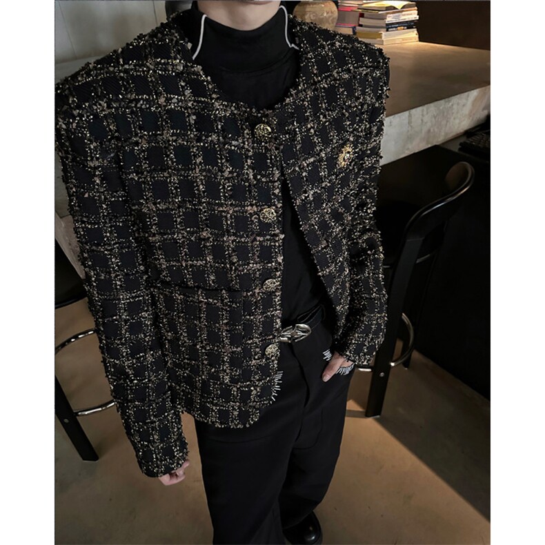 现货25秋冬男士设计感亮片胸针夜店小香风毛呢外套XXF30-P168,男装毛呢大衣,电商B288