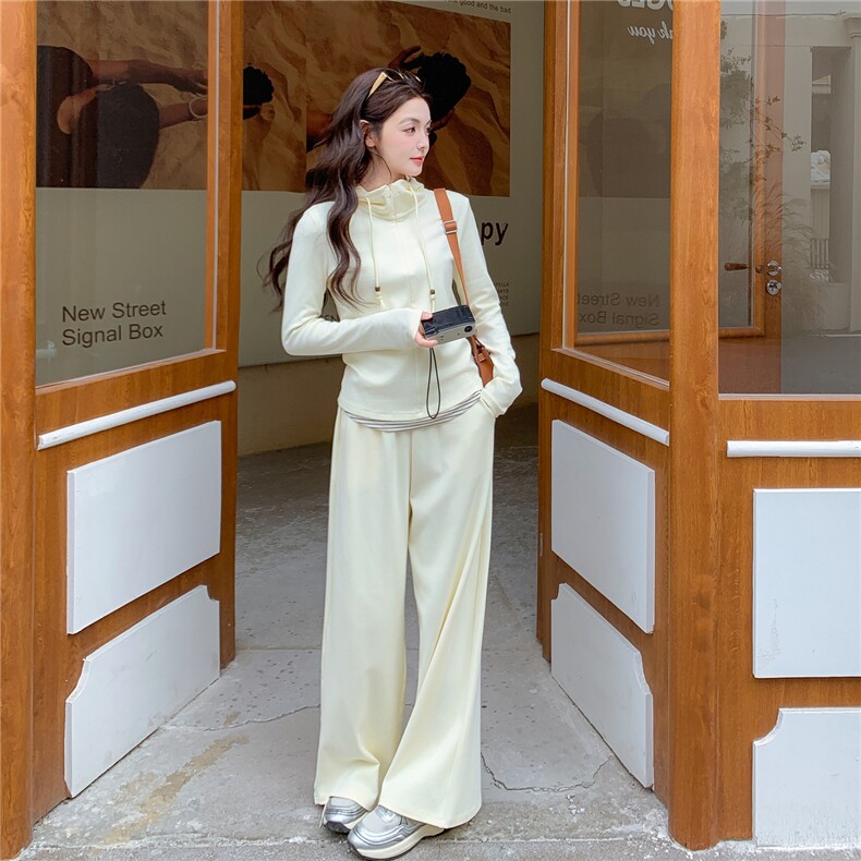 【新品】条纹拼接假两件上衣阔腿裤两件套,女装套装/套裙,2B076