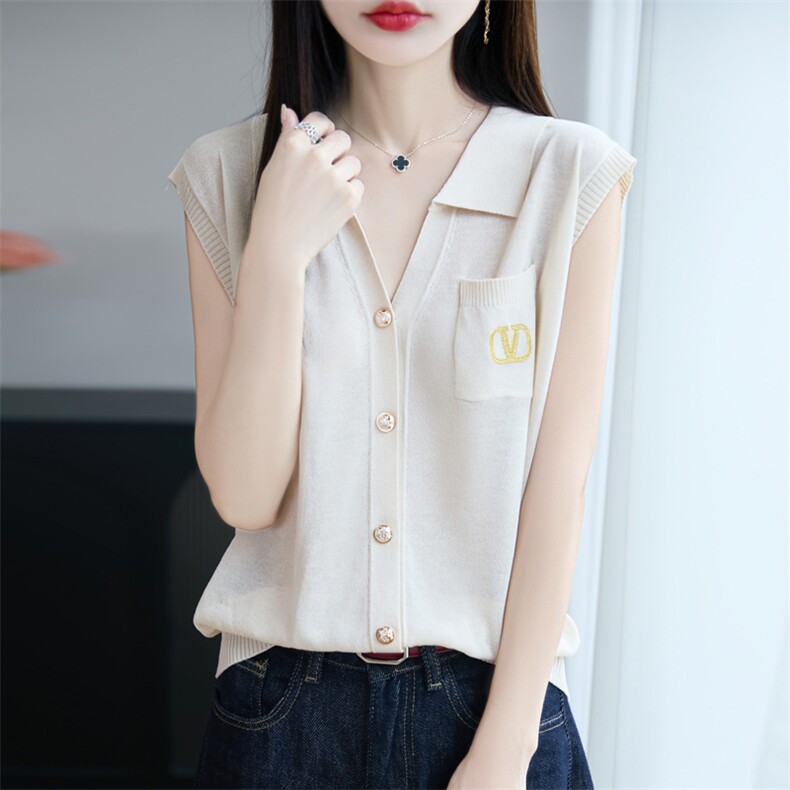 刺绣无袖开衫背心女夏季2025新款打底衫洋气大码女装冰丝针织上衣,女装T恤,昭美羊绒