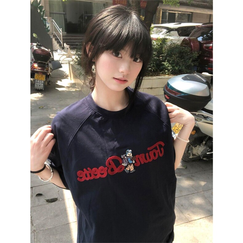 网图有货美式字母小熊插肩藏青色宽松刺绣短袖T恤男女A607-P35,男装T恤,星座1505