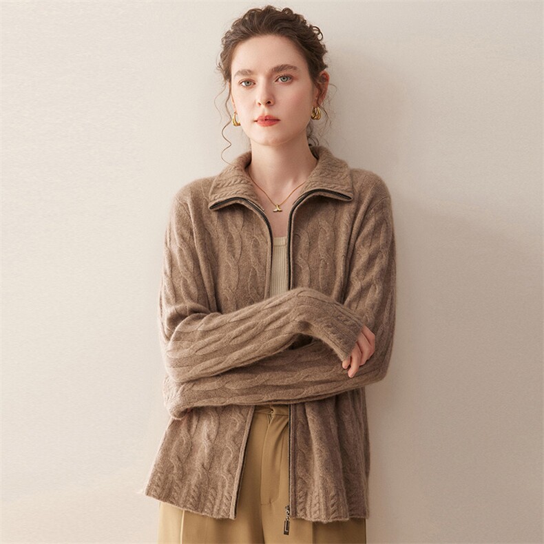 2025秋冬百搭时尚翻领羊绒开衫外套，女装羊绒衫，珍丝贝尔