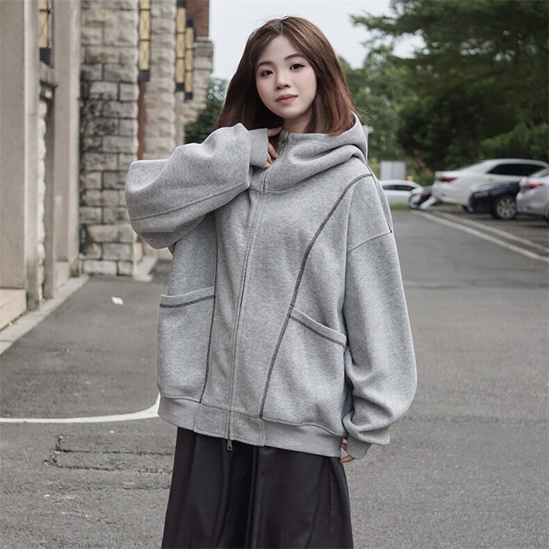 抖音得物高品质秋冬美式高街重磅结构辑明线纹理连帽卫衣外套W111，男装卫衣，电商A486