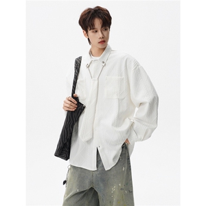 现货CS1117-特P42 小众肌理感设计感大码衬衫男（含领带可拆卸）图片