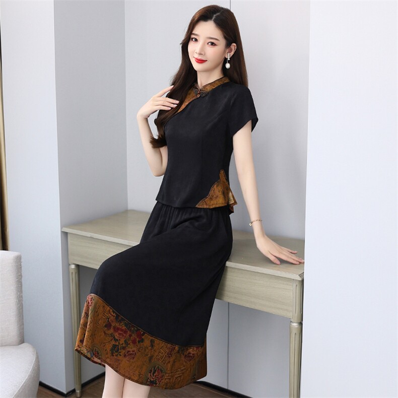 香云纱仿真丝套装女高端品牌2023夏季新款短袖刺绣高级减龄轻奢,女装套装/套裙,然然