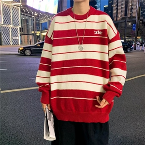 撞色条纹毛衣男秋季美式复古套头针织衫潮牌宽松情侣线衣