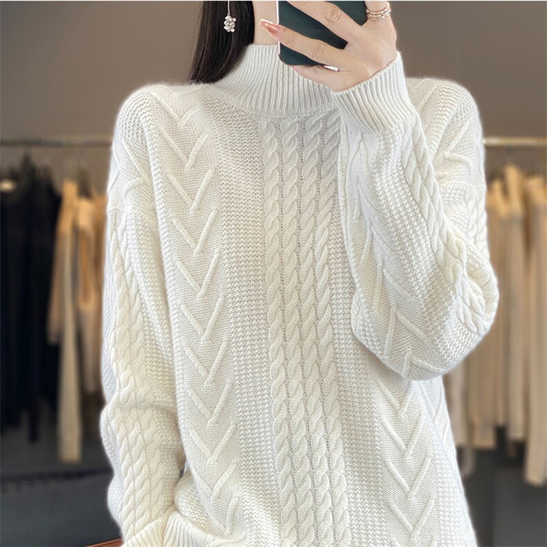 秋冬新款100%纯羊毛衫女圆领麻花针织长袖毛衣羊绒衫宽松打底上衣，女装羊毛衫，开创羊绒