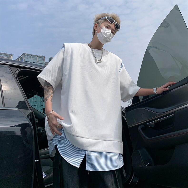 C326-P412024夏季新款设计感潮牌宽松上衣假两件短袖T恤男现货,男装T恤,星座512-6